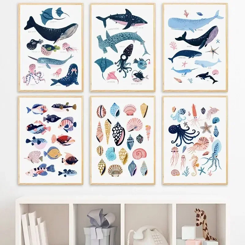 Nordic Style Sea Creatures Wall Art  Enlightening Ocean Whale Shell Starfish Octopus Poster Canvas Painting for Home Decor