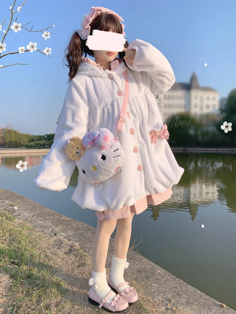 Japanese Soft Girl Sweet And Cute Plush Thick Hooded Rabbit Ear Fur Coat Flower Bud Swing Skirt Female Autumn Winter Kawaii