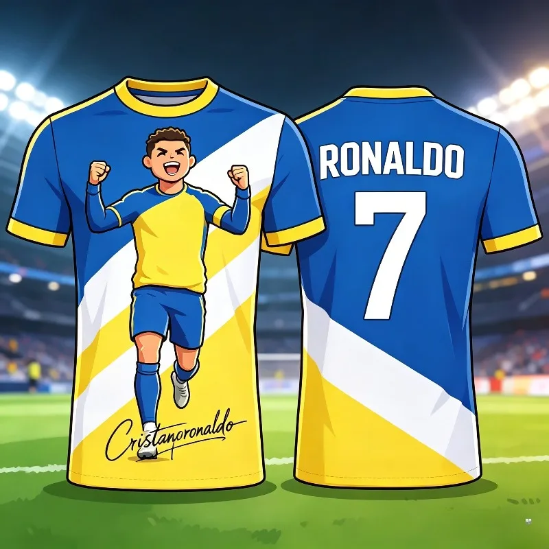 Summer # 7 Cristiano Ronaldo Cute Edition Blue Yellow Gradient AI Wow Football Shirt Adult Children Fashion Large Sports Shirt