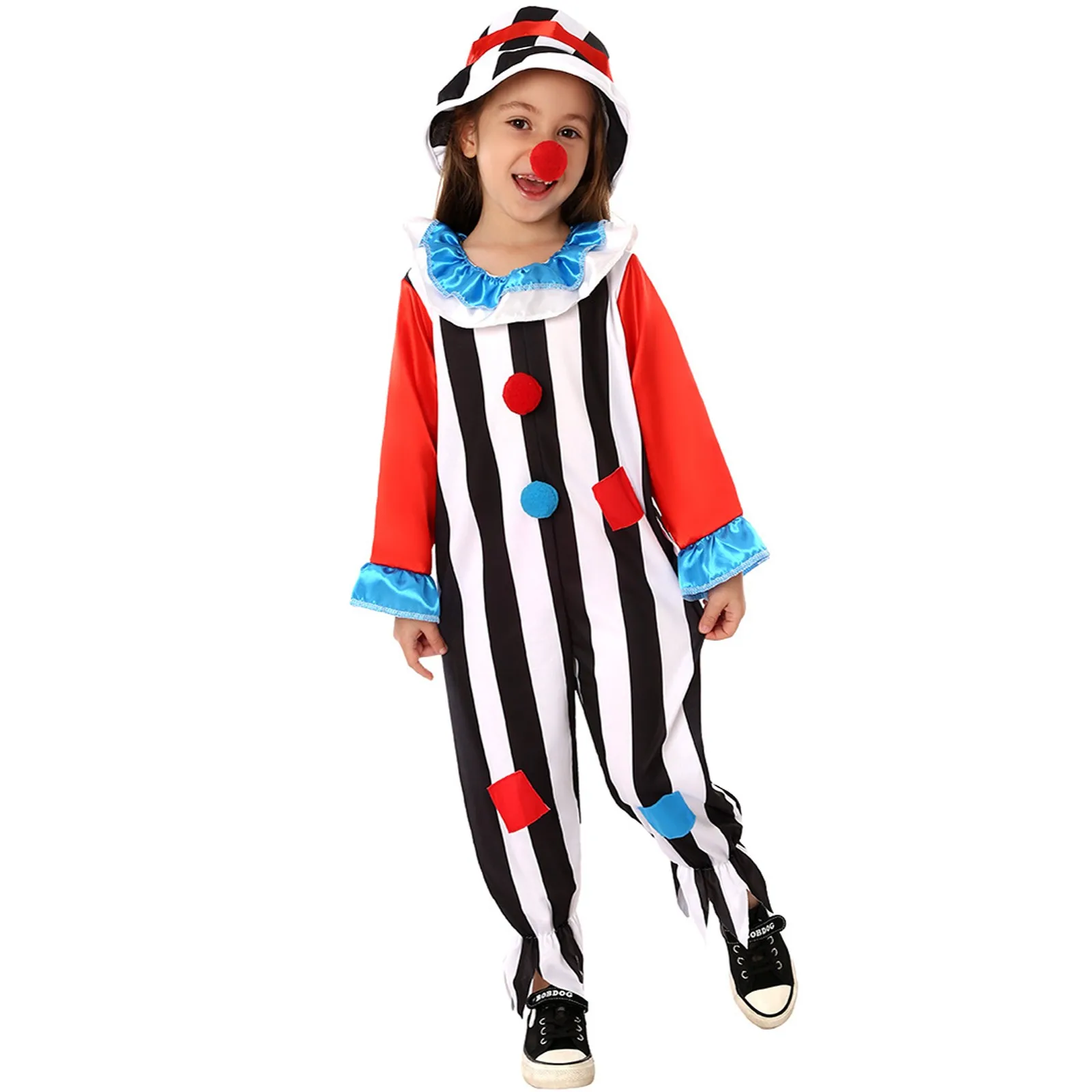 

2024 Carnival New Contrast Striped Jumpsuit Clown Cosplay Cos Suit Children Stage Performance Costume Anime Cosplay Dress Up