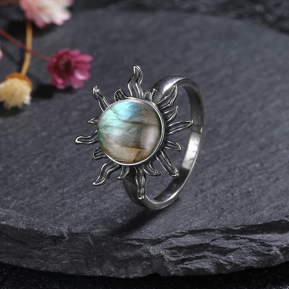 

Round 10mm Natural Labradorite Rings for Women Men S925 Silver Ring Finger Ring Retro Gemstone Rings Jewelry Party Gift