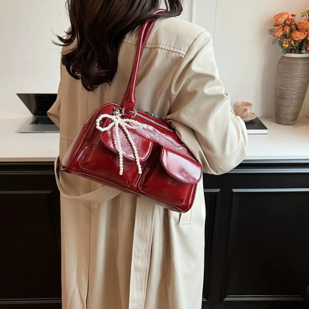 

Casual Korean Style PU Bowling Bag Handbag Solid Color Pocket Boston Tote Bag French Style Minority Design Underarm Bag Portable