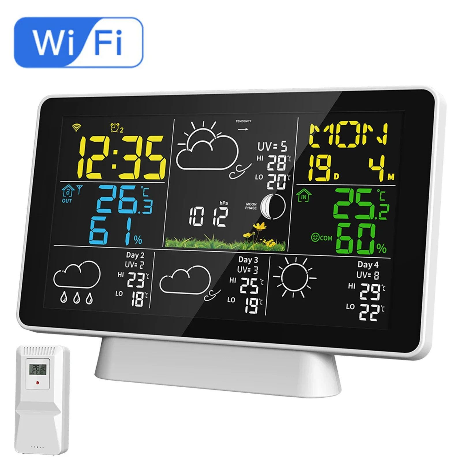 Kolorowy ekran Inteligentna stacja pogodowa Temperatura Ciśnienie atmosferyczne Funkcja przypomnienia szczytowego, funkcja kalibracji czasu WIFI