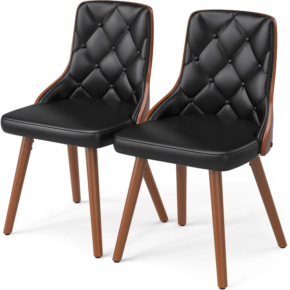 2024 New Dining Chairs Set of 2, Upholstered PU Leather Kitchen Chairs with Walnut Back and Wood Legs