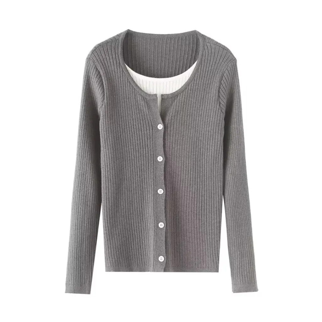 

Women's Fake Two-Piece Long-Sleeved Sweater Korean Style Elegant Slim-Fit Cardigan Autumn Buckle Base Shirt Top