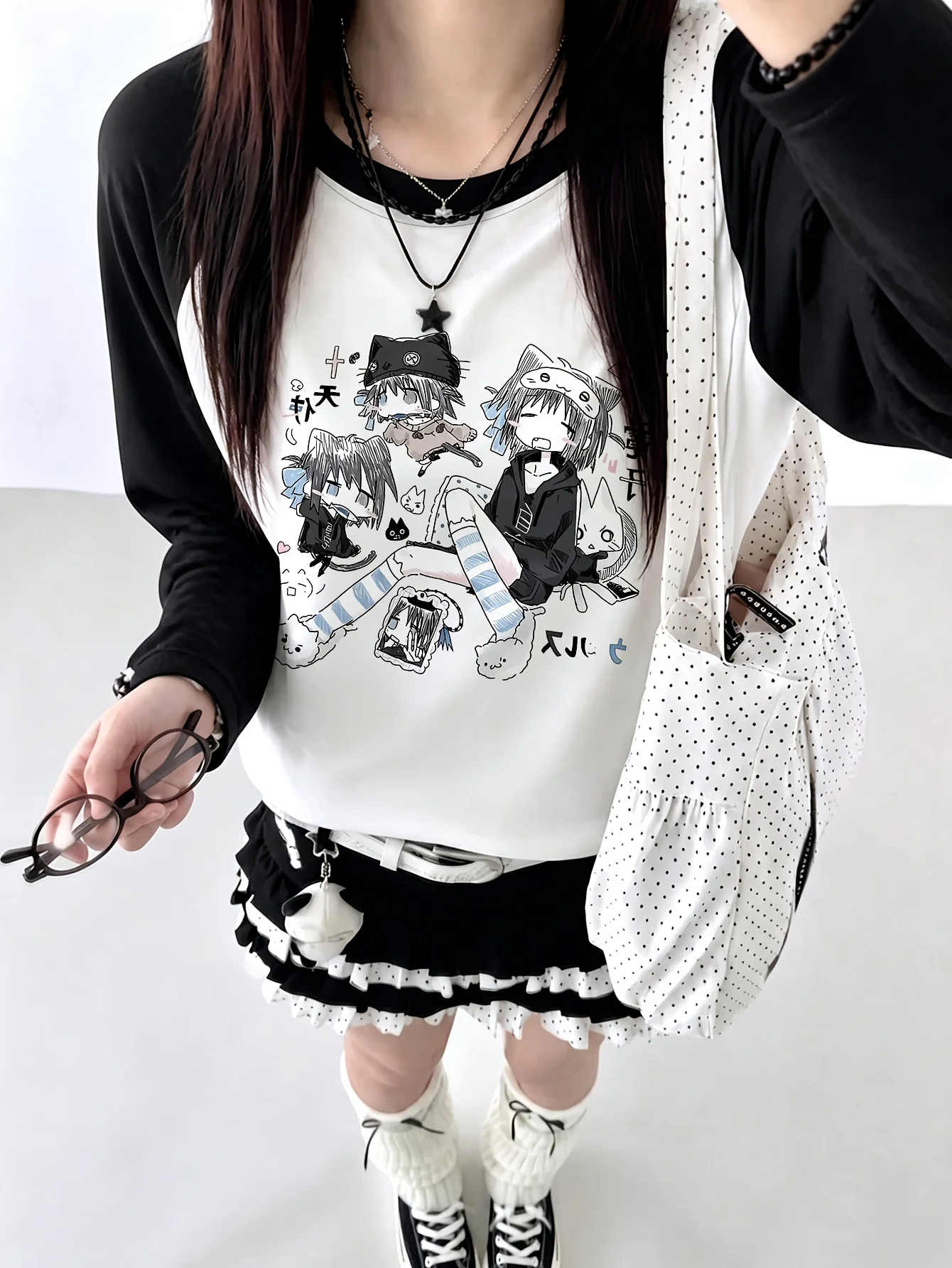 Vintage American Street Style Raglan Long Sleeve T-Shirt for Women Japanese Anime Girly Style Print T Shirt Clothes Femme Outfit
