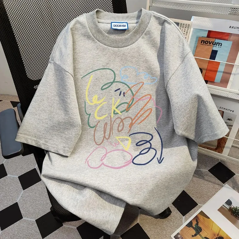 Men's Oversized Crew Neck T-shirt Graffiti Bear Print Short Sleeve Loose Fit Casual Summer Top