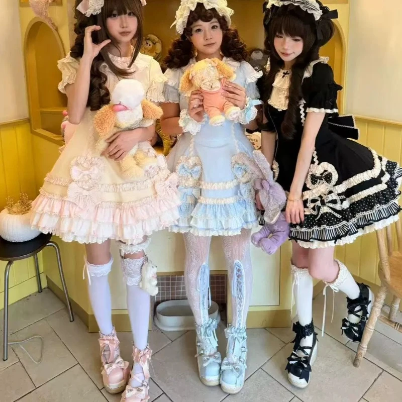 Japanese Lo Shoes Cute Lolita Bow Ruffle Edge Platform Muffin Shoes Soft Girl Doll Sense Embroidery Pine High Heels Women