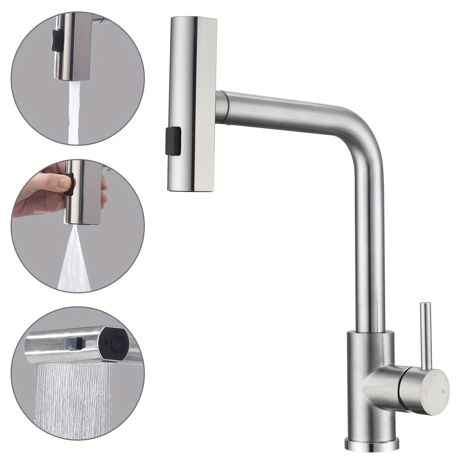 

Grifo de cocina de un solo orificio, caño extraíble, boquilla, boquilla tipo pistola, grifo mixto gris/negro/plateado