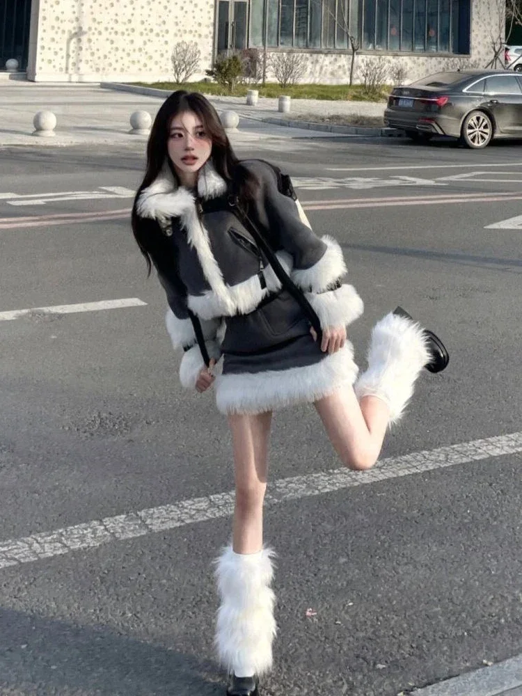 

Sweet Hot Girl Suit Women's Autumn/Winter Fur Collar Coat High Waist Mini Skirt Leg Cover Three-piece Set Fashion Female Clothes