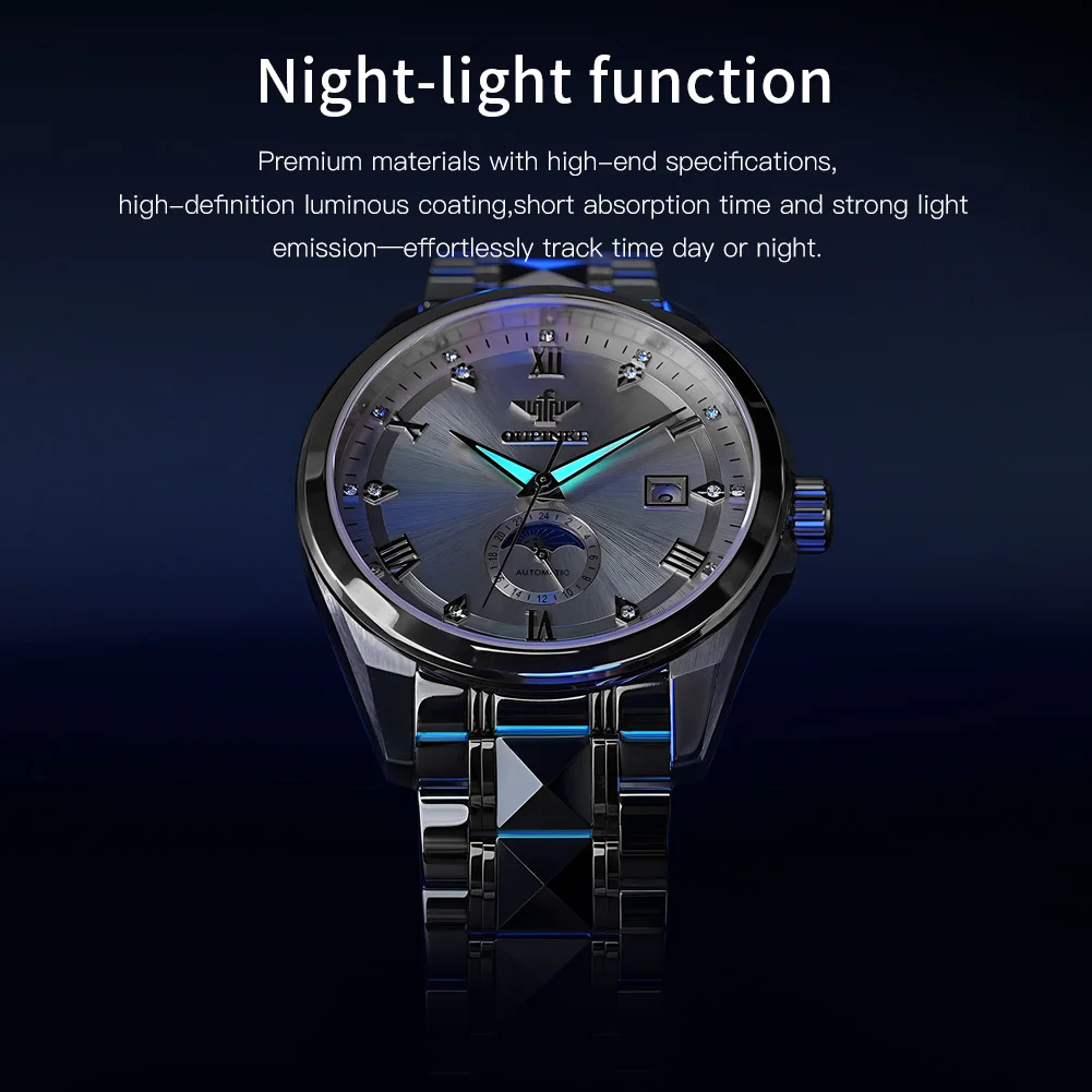 OUPINKE 3265 ساعة رجالي أصلية فاخرة من أفضل العلامات التجارية ساعة ميكانيكية أوتوماتيكية 50 متر مقاوم للماء مرحلة القمر تاريخ ساعة جودة عالية