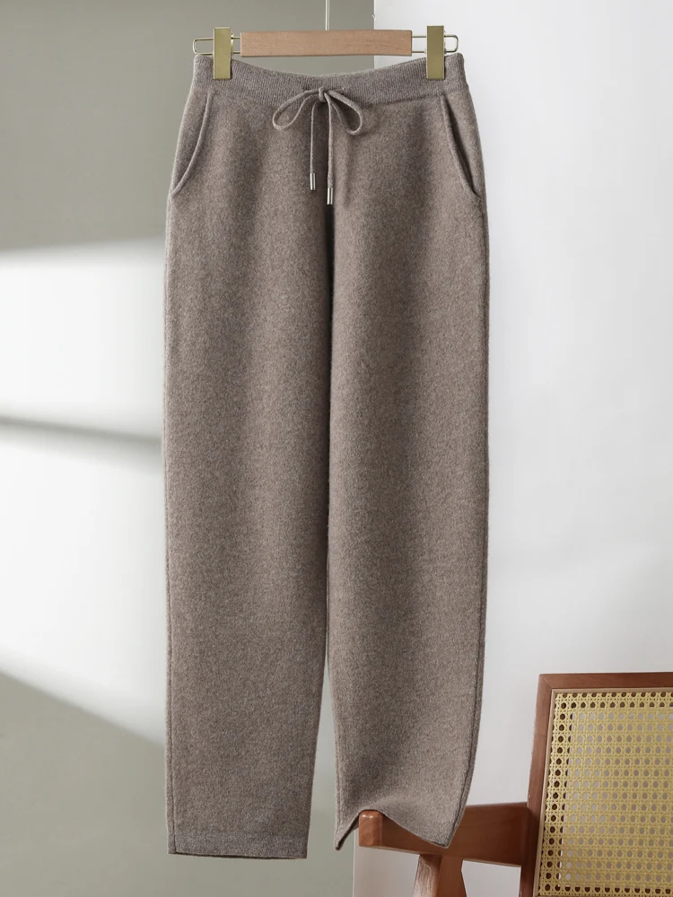 Autumn Winter Women High Waist Pencil Pants 100% Merino Wool Thick Soft Warm Basic Casual Trousers Cashmere Knitwear Pants