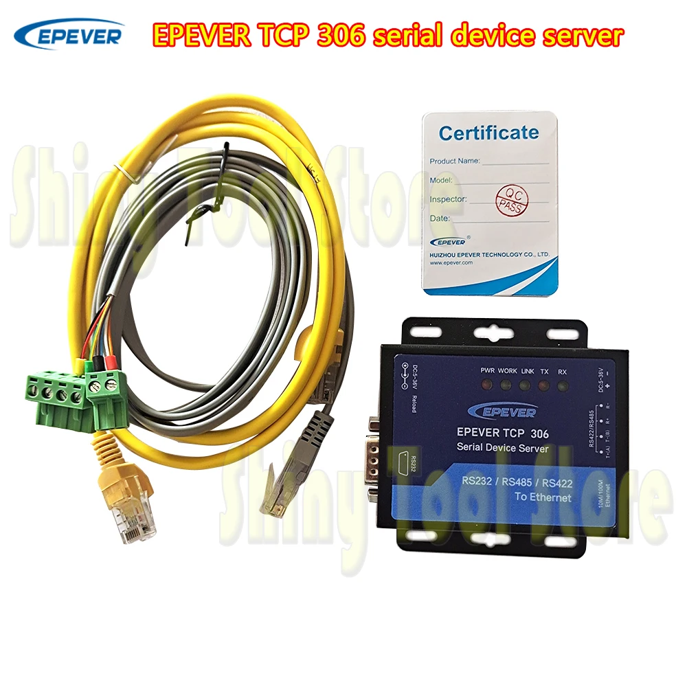 

EPEVER TCP 306 serial device server connecting with EPEVER solar controller, inverter, and inverter/charger via an RS485 port