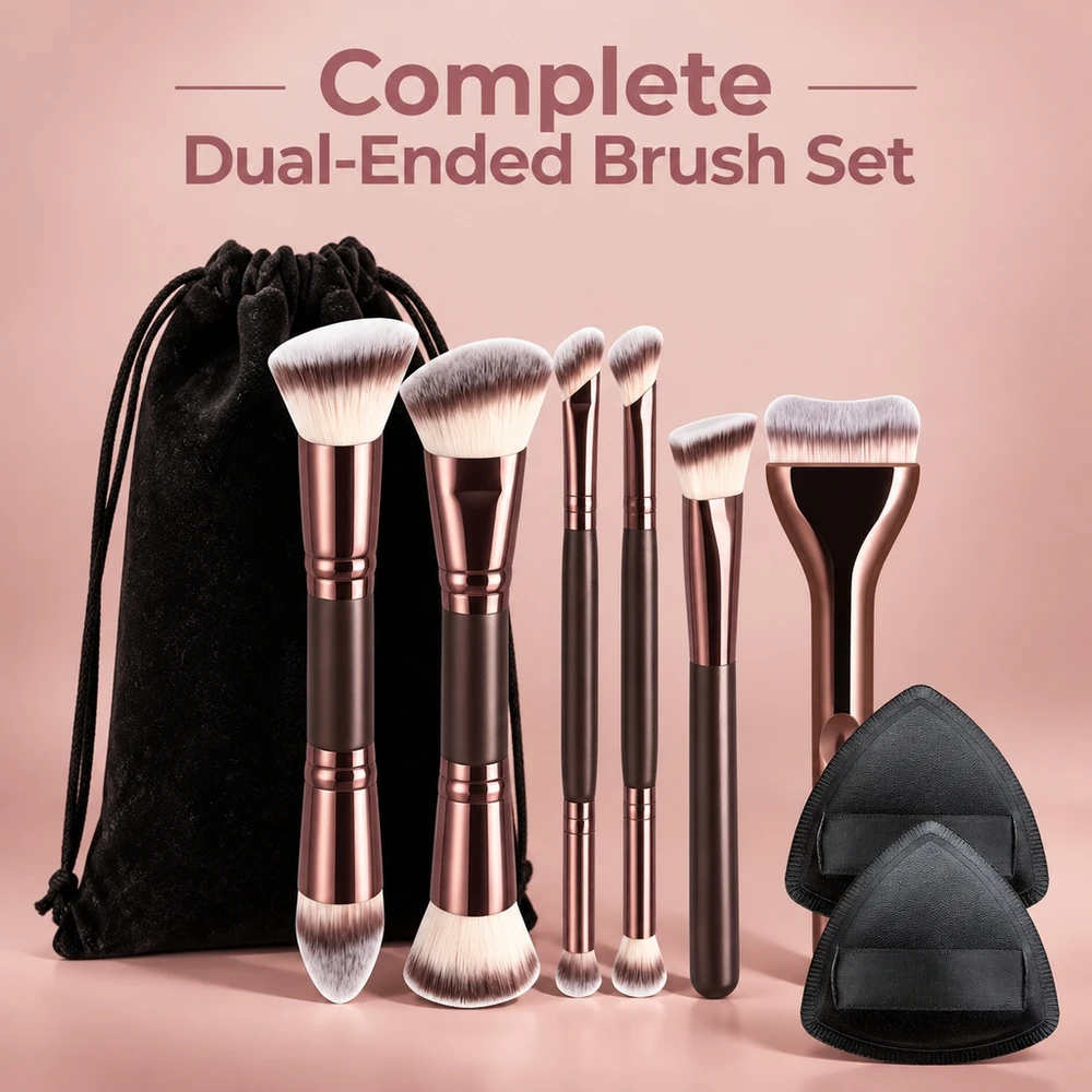 6 Pcs Double Headed Makeup Brush Set for Foundation Concealer and Contour Beginner Friendly Comes with 2 Puffs