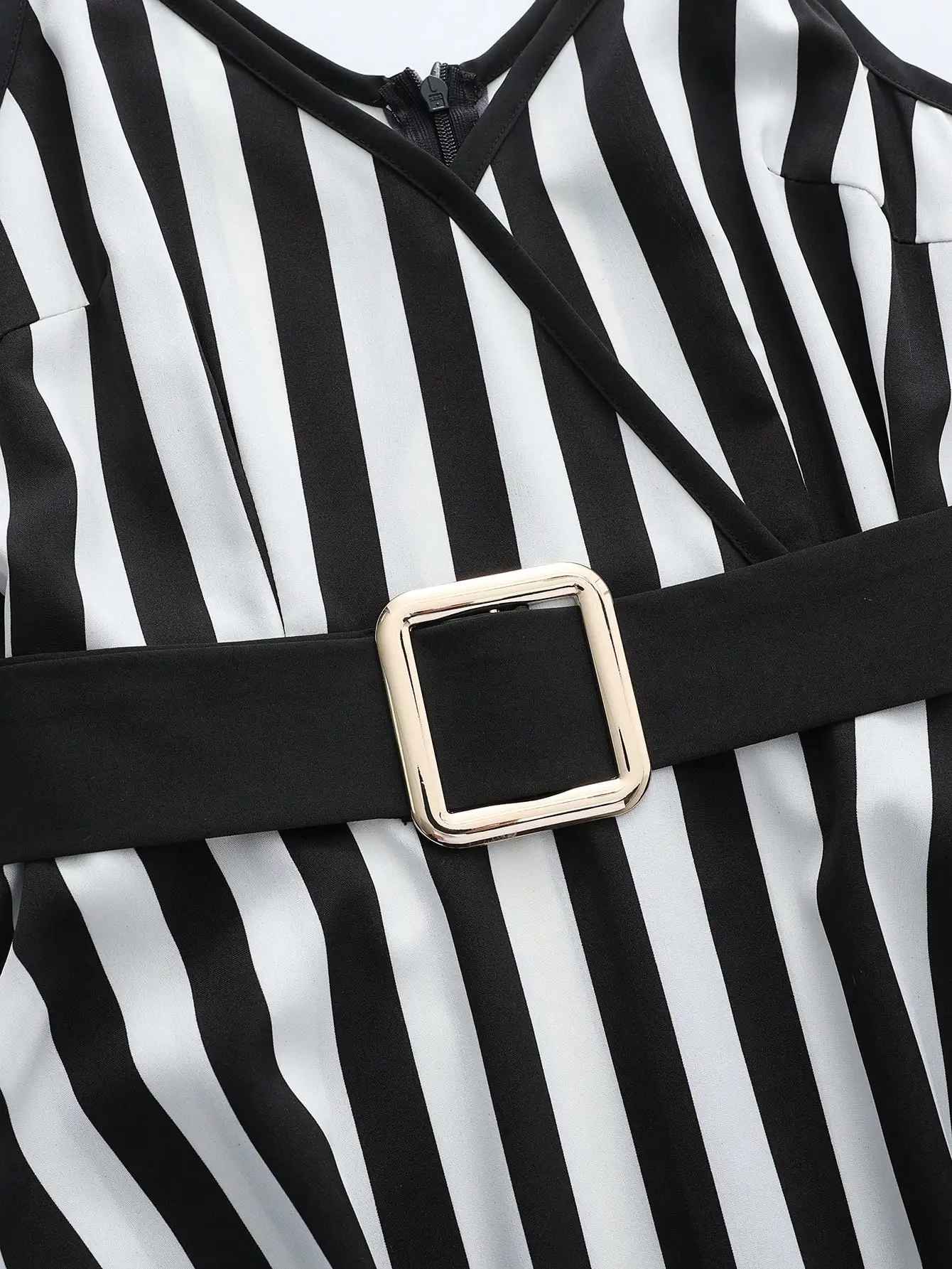 

Black And White Striped Halter Neck Asymmetrical Long Dress With Belt For Women Summer
