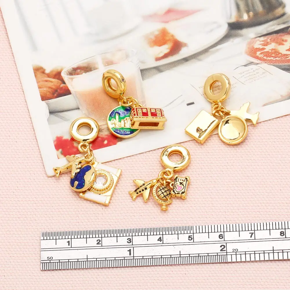 OCESRIO Trendy Airplane Travel the Earth Pendant for Necklace Copper Gold Plated Tourism Tour Jewelry Making Supplies pdtb416