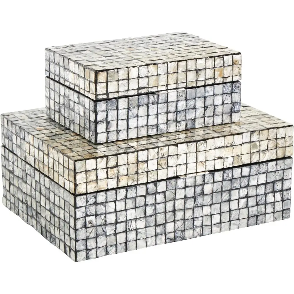 

Декоративная коробка ручной работы из перламутра с геометрическим узором, квадратная мозаичная коробка для хранения с бежевыми акцентами, набор из 2 штук