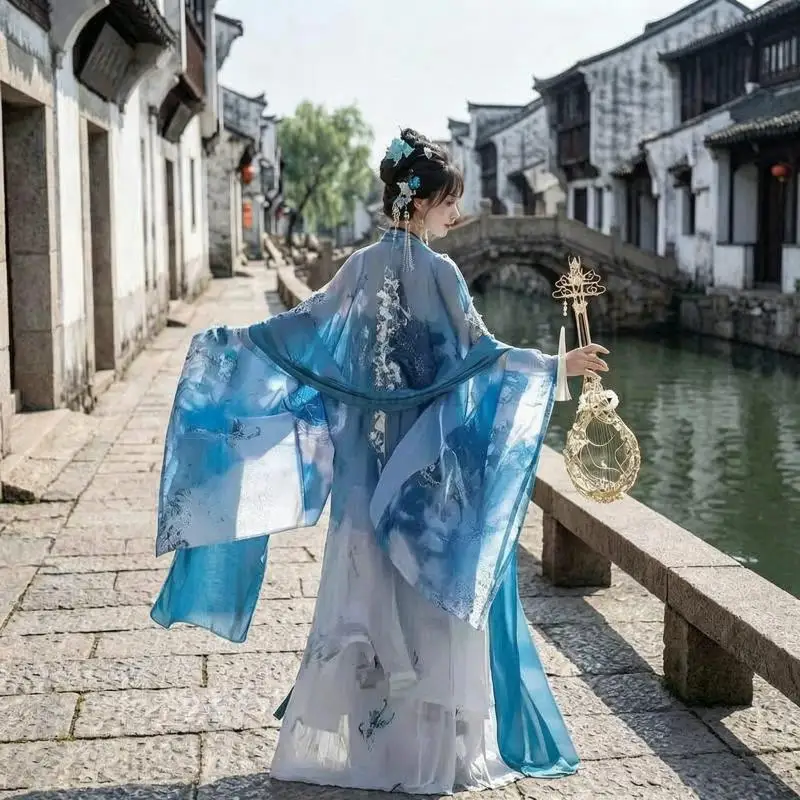Women Chinese Hanfu Tang Style Ruqun Butterfly Embroidery Blue White Gradient Wide Sleeve Elegant Fairy Ancient Cosplay Festival