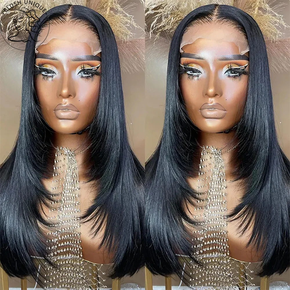 วิกผมหน้าผากลูกไม้สีดำธรรมชาติแบบเลเยอร์ ตัดแต่งทรงตรง  พร้อมผมด้านหน้าที่ถอนขนแล้ว  วิกแบบไม่ต้องใช้กาว  วิกผมสังเคราะห์ทรงบัตเตอร์ฟลาย