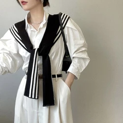 Korean College Fashion Stripe Wool Knit Shoulder Cape Knotted Warm Shawl Summer Air Conditioned Room Protect Neck Woman's Scarf