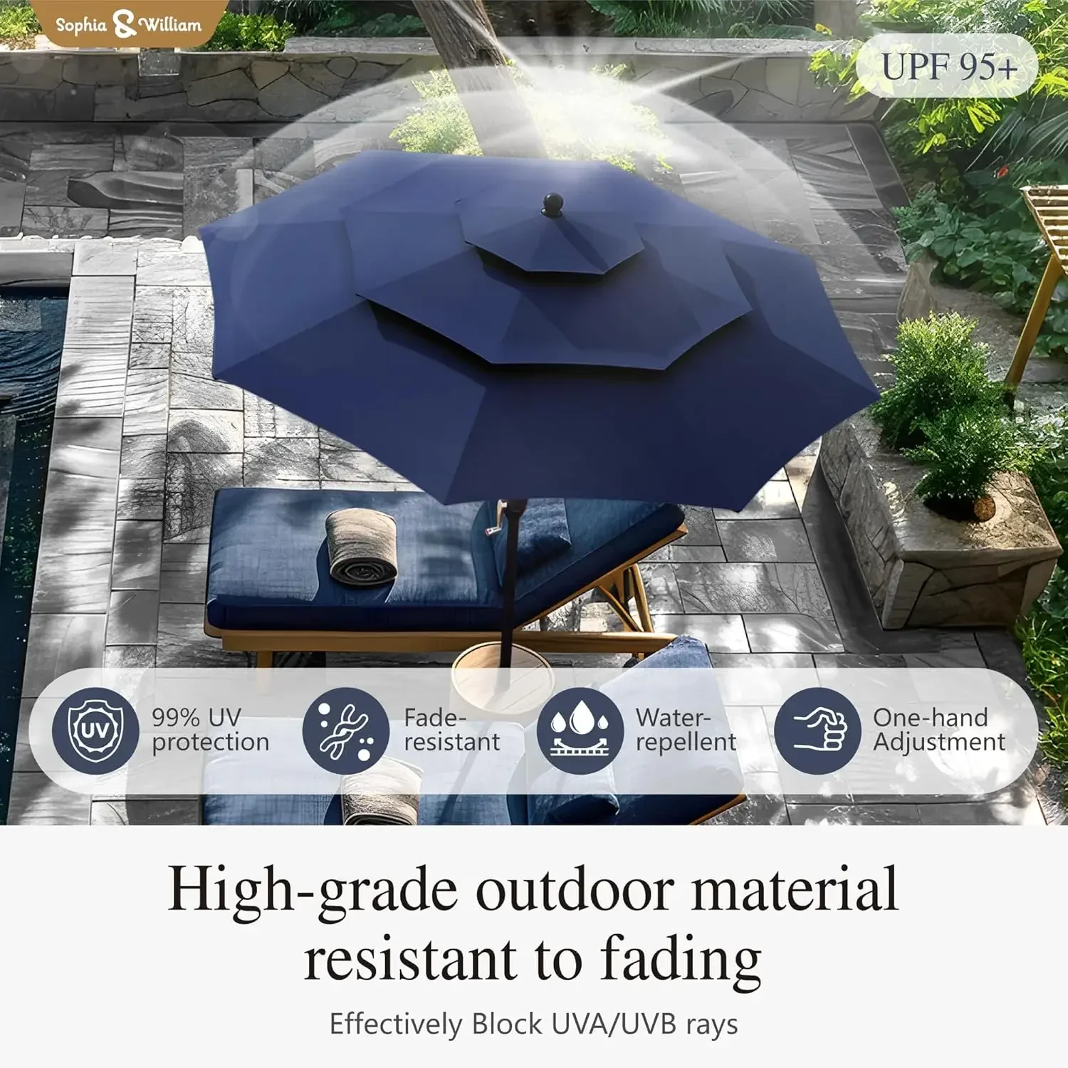 

[XMSJ] 10-футовый 3-х уровневый зонт для патио с автоматическим наклоном, уличный зонт с двойной вентиляцией и рукояткой, темно-синий