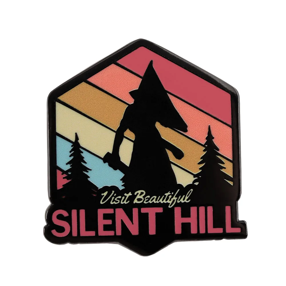 Pyramid Head Visits Beautiful Silent Hill Enamel Pin Horror Game Brooch Retro Sunset Badge Backpack Accessory Fan Halloween Gift