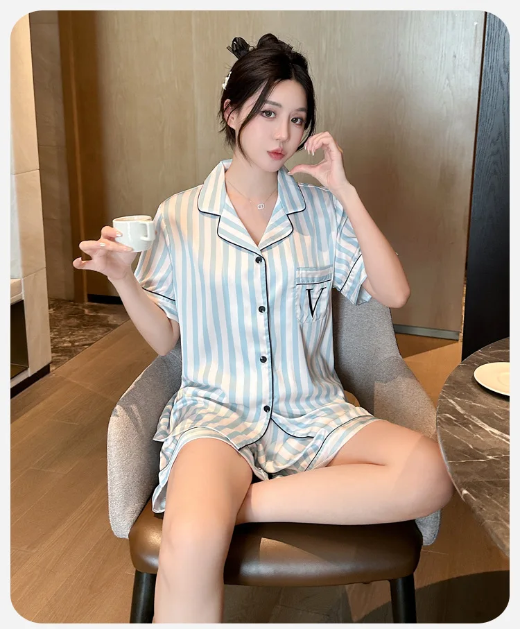 

Contrast Stripe Print Pajama Set Ice Silk Short Sleeve Lapel Top With A Pocket And Shorts Cool Fit Women's Summer Sleepwear Pjs