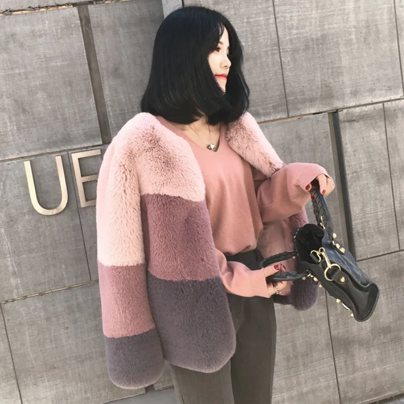 2023 New Fashion Autumn Winter Soft Imitation Rabbit Short Colored Fur Outwear Mujer Female Jacket Coat Vintage Fur Coat