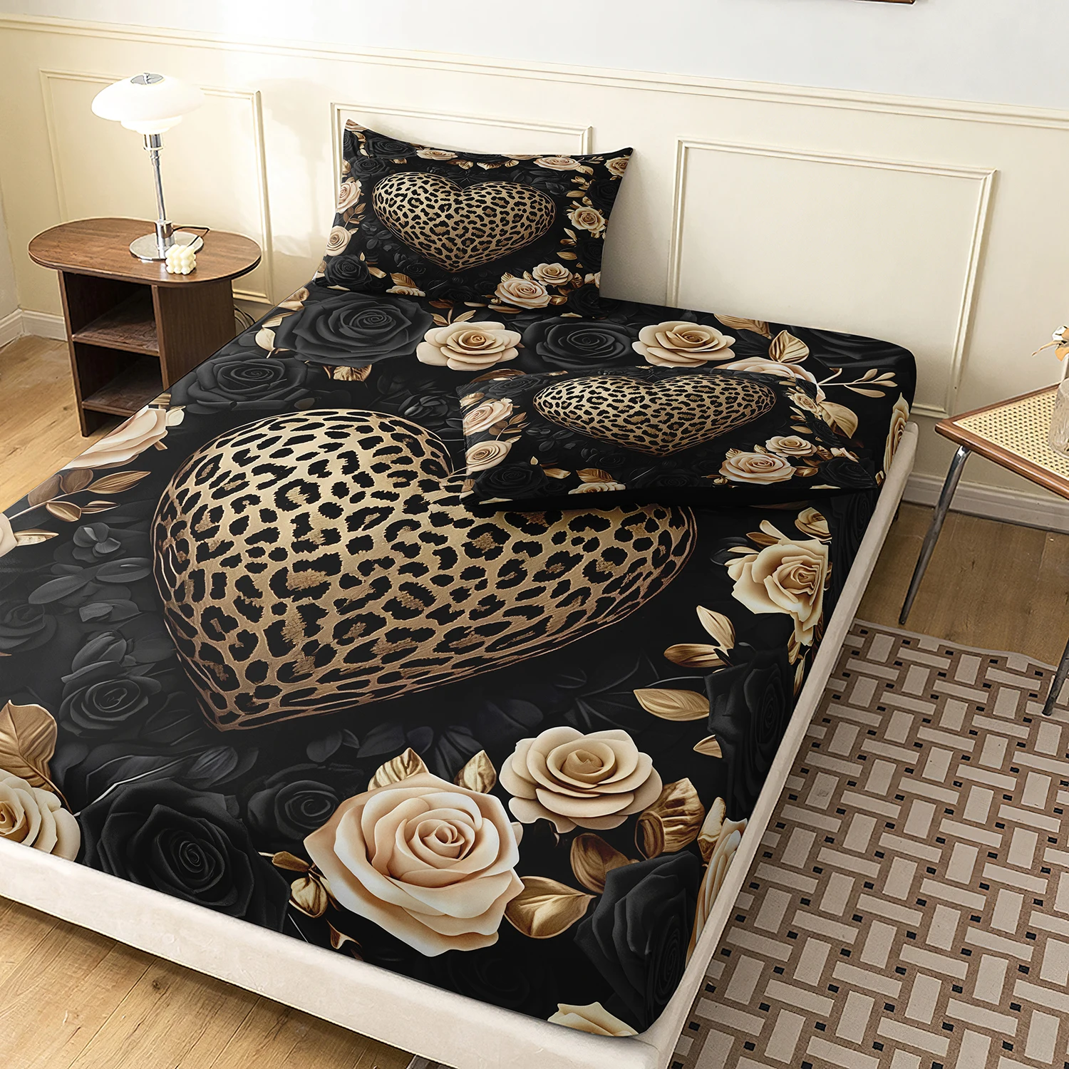 

3-Piece Luxury Rose Pattern Non-Slip Fitted Sheet,Black Gold Heart Leopard Print Fitted Sheet Set,High-End Bedding For Bedroom