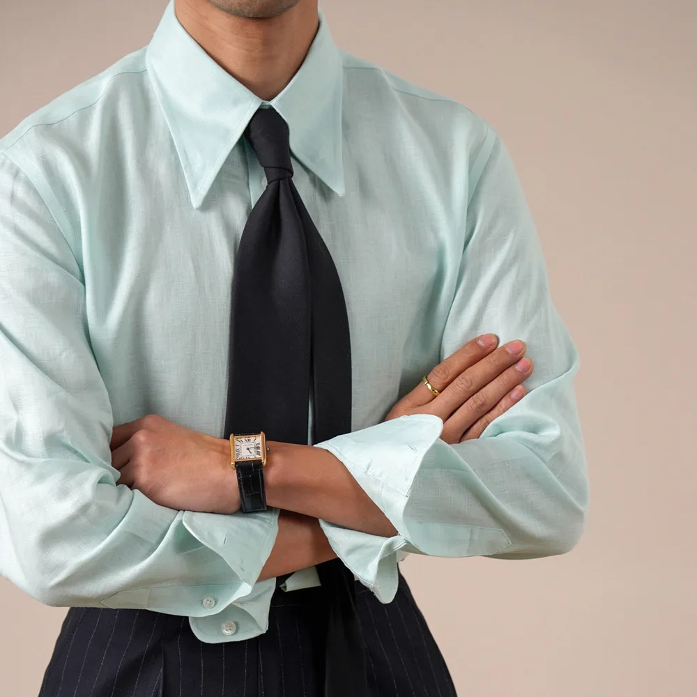 100% Linen High Quality Men's Long-sleeve Shirts Italian Long Pointed Collar Breathable  Men Dress Chemise Homme Manche Longue