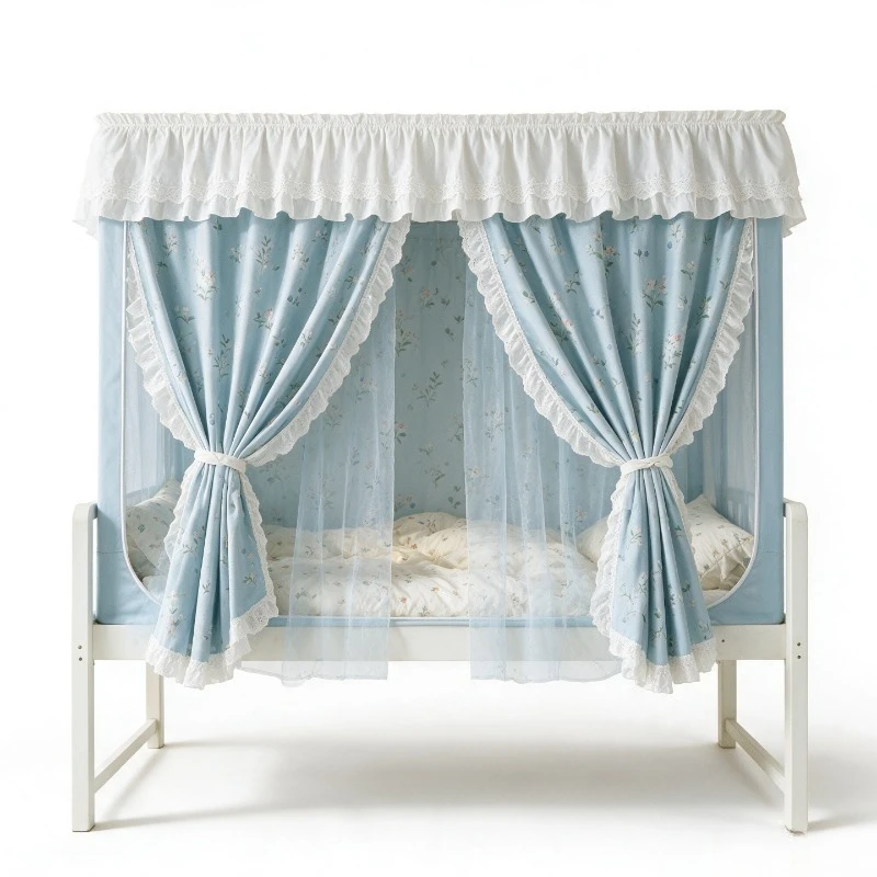 Floral Ruffle Bed Canopy for Dorm Bunk Beds – Privacy Curtain with Mosquito Net, Cute Bear Print