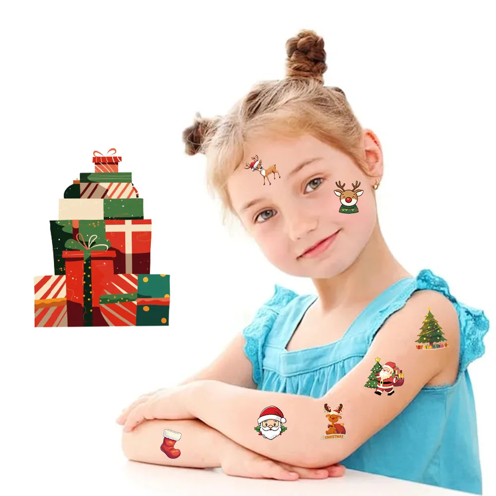 クリスマスのタトゥーステッカー,サンタクロース,エルク,パーソナライズ,レトロ,プレミアム,防水,耐久性,10個