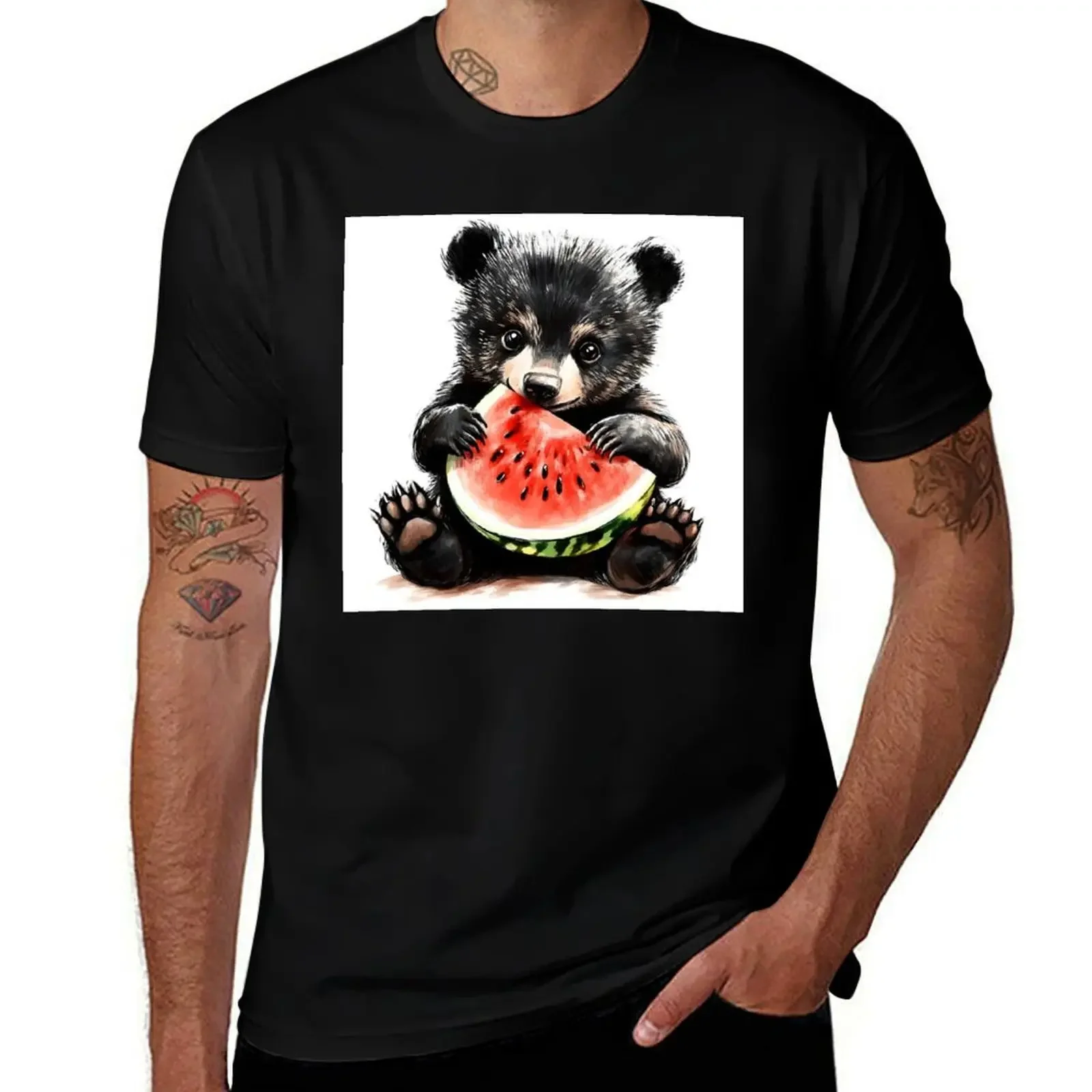 

Cute Bear Eating a Watermelon T-Shirt funny costumes oversizeds Aesthetic clothing rapper graphic tees workout shirts for men