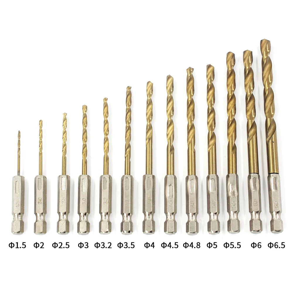 مجموعة رؤوس مثقاب تويست من التيتانيوم مكونة من 13 قطعة - ساق سداسية 4241 فولاذ عالي السرعة للخشب والبلاستيك وسبائك الألومنيوم، تغيير سريع، 1.5 مم - 6.5 مم #1