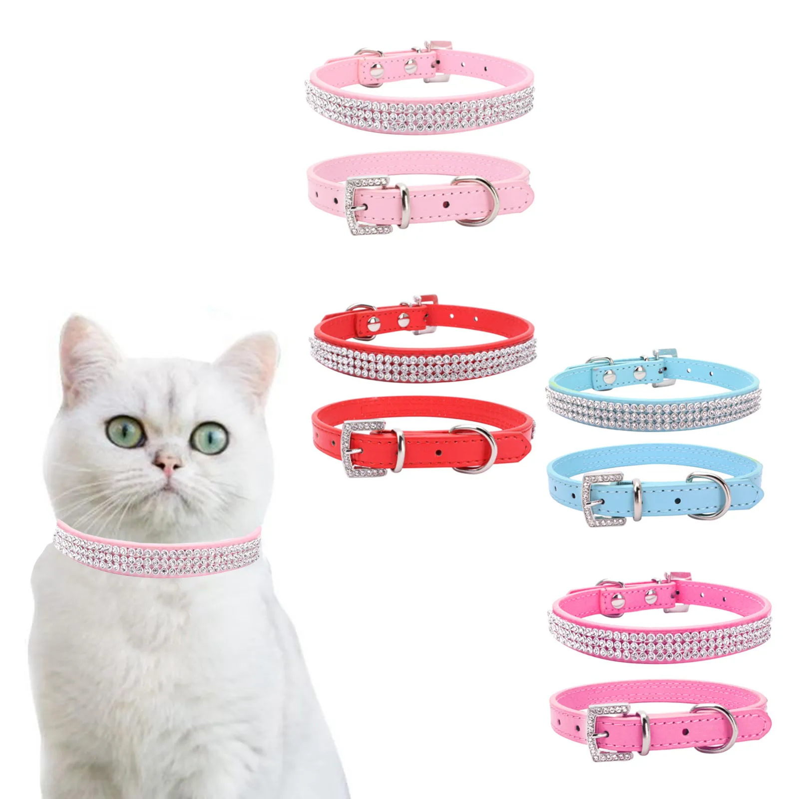 Leather Collar with Shiny Rhinestone Decoration Adjustable Pet Collar Metal Grommet Is Durable and Fits Cats & Medium Dogs