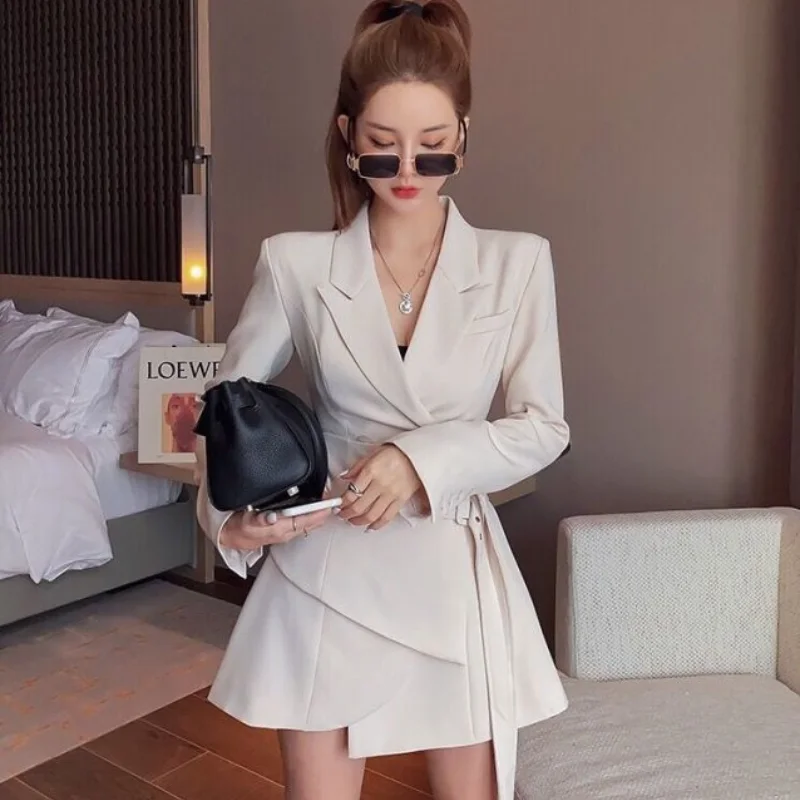 Spring Autumn New Korean Fashion Black Suit Dress Lace Up Asymmetric Elegant Solid Waist Pulling Dresses for Women