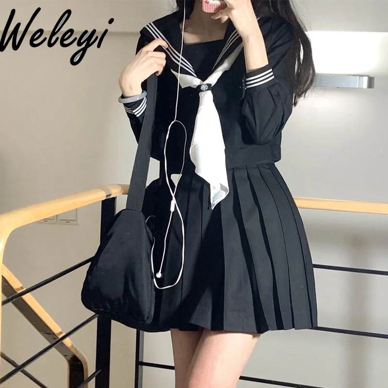 

Japanese student Jirai Kei Uniform Skirt Suit Women's 2024 Summer Basic Styles College Style Pleated Falda Sailor Two Piece Sets