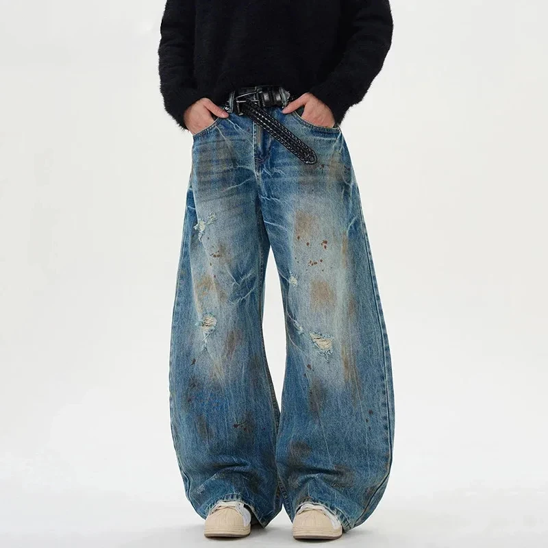 

Niche Design Men's Denim Pants Dirty-dying Contrast Color Hole Moustache Effect Straight Leg Loose Male Jeans 2026 spring