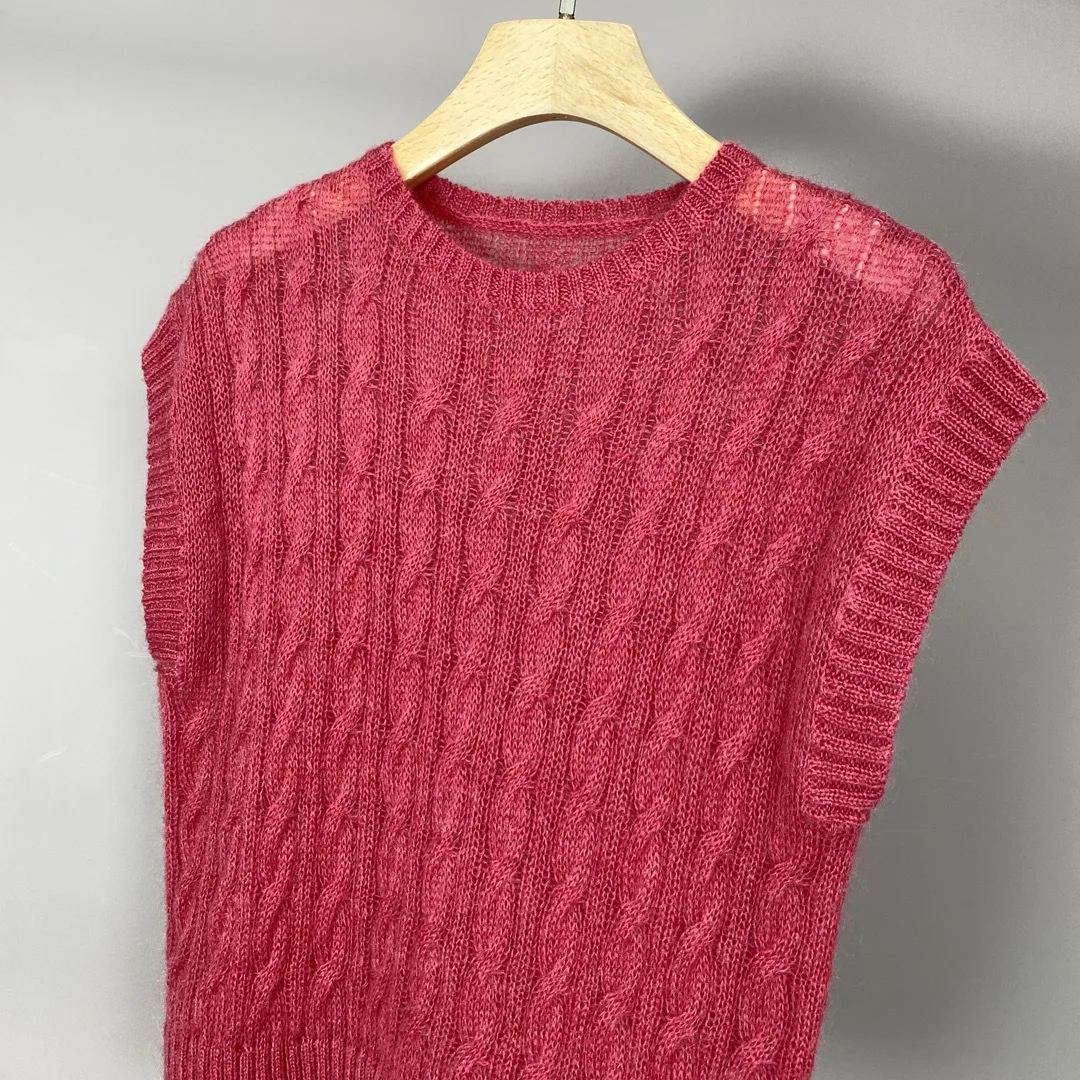 2025 Primavera y novedad de verano, jersey que combina con todo para ir al trabajo, cuello redondo, encaje de cáñamo retorcido, chaleco tejido sin mangas