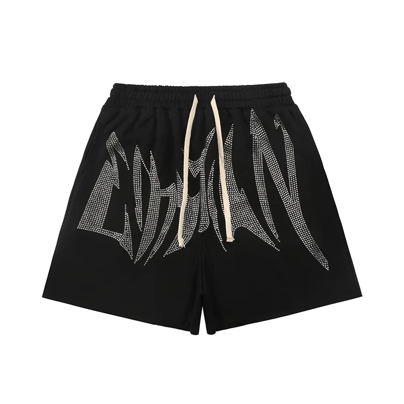 2025 ملابس الشارع الأمريكية مختلطة العاطفة الرجال السراويل الساخن الماس إلكتروني طباعة النساء السراويل السوداء #4
