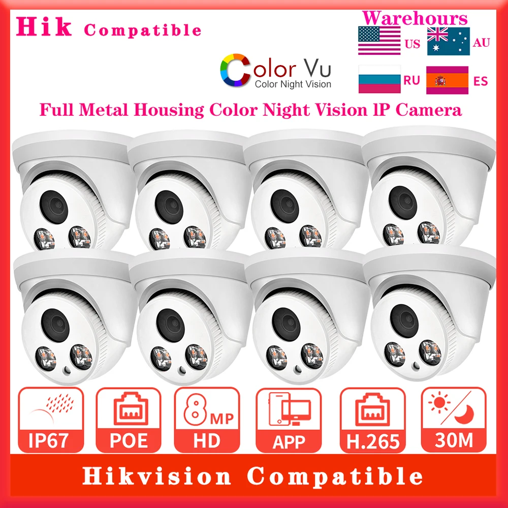 8PCS Hikvision Compatible 5mp 8mp Colorvu IP Camera Bulit-in Mic PoE Security Surveillance IP Camera Plug&Play with HIK NVR