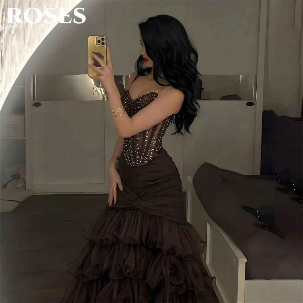 ROSES Brown Party Dress Strapless Sleeveless Evening Dress Wrap Hips Layered Tulle فساتين السهرة for Wedding Crystal Customized
