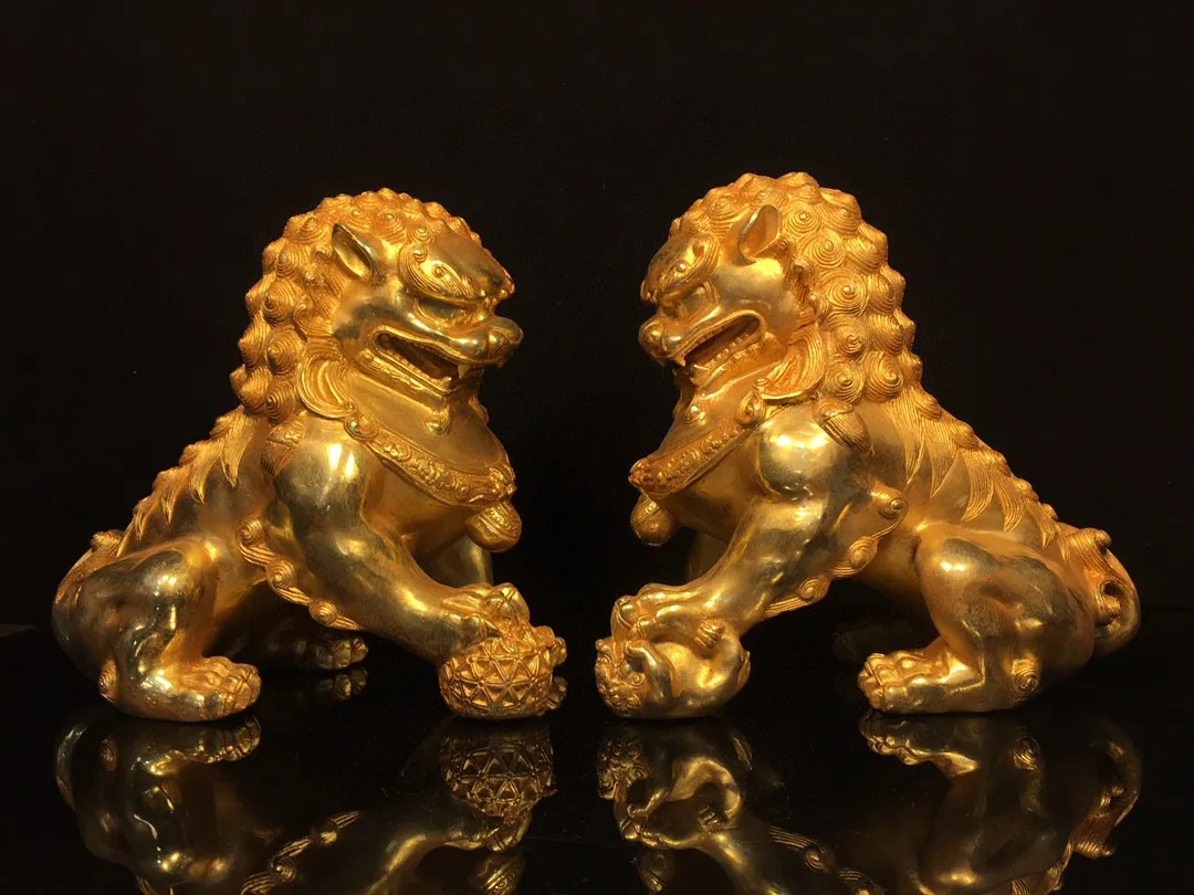 

Nepalese Tibetan Brass Gilded Lion Story Ruyi Writing, Playing, Study, Office Decoration, Pair of Paper Weights 24cm