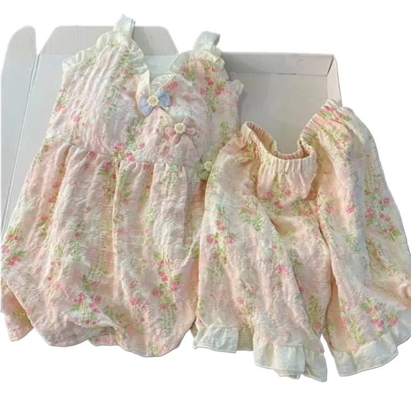 2026 New Pajamas Women's Summer with Chest Pads, Sweet and Cute Flowers, Princess Style, Small Suspenders Shorts Loungewear Set