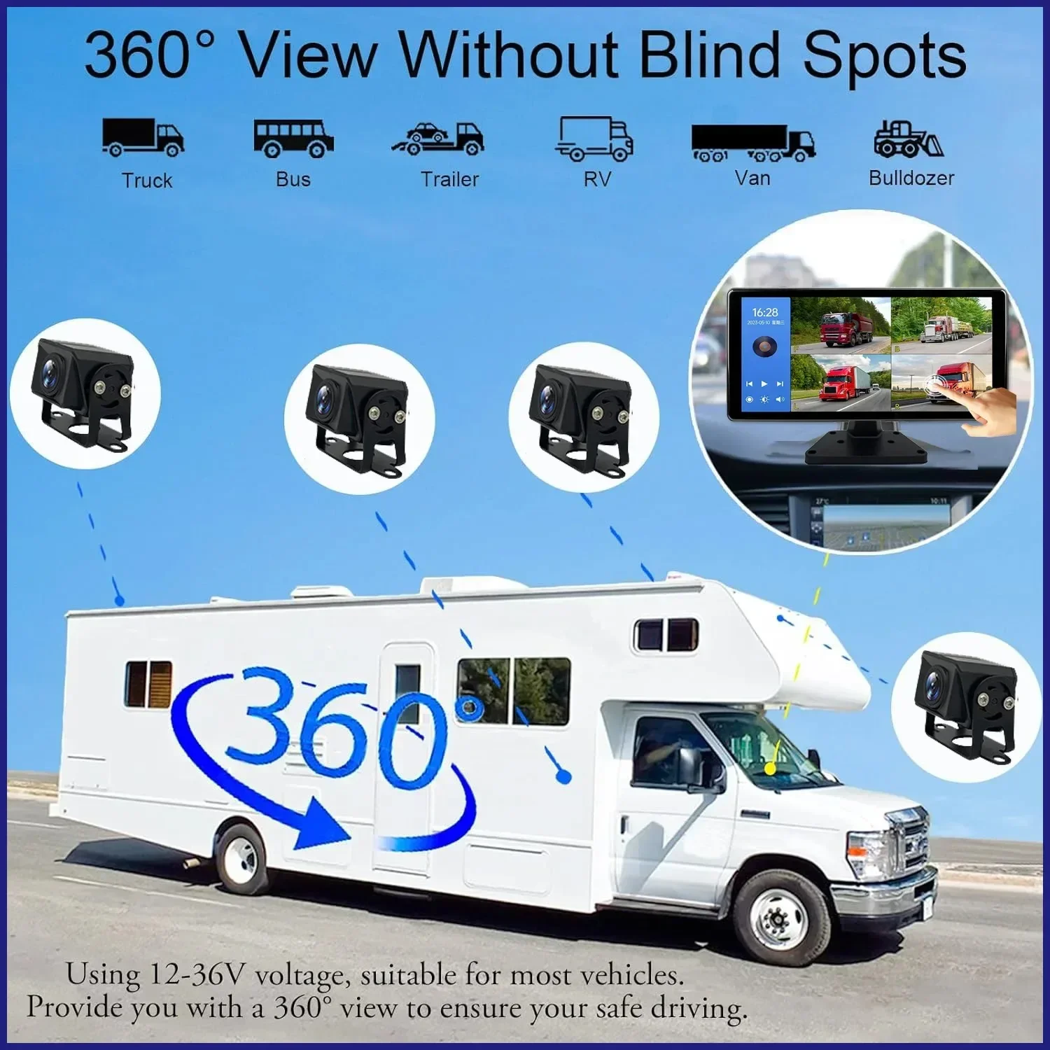 10.36 inch 4 Channel Car DVR Recorder Smart Blind Spot Radar BSD Alarm Monitor With 1080P AHD 4 Backup Cameras For Truck Bus - Image 3