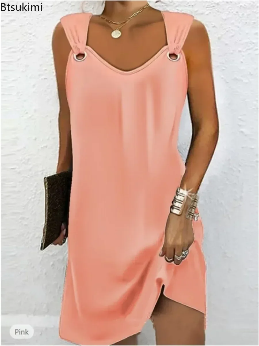 2025ผู้หญิงแฟชั่นฤดูร้อนชุดแขนกุดVคอปุ่มโลหะClub Party Dress Mini Daily Streetwearชุดหญิง