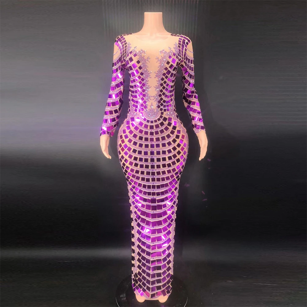 Customized  Hollow Out Transparent Streaking lace  High Elastic Sequins Sexy Tight Dress Birthday Party  Dress Performance Dress