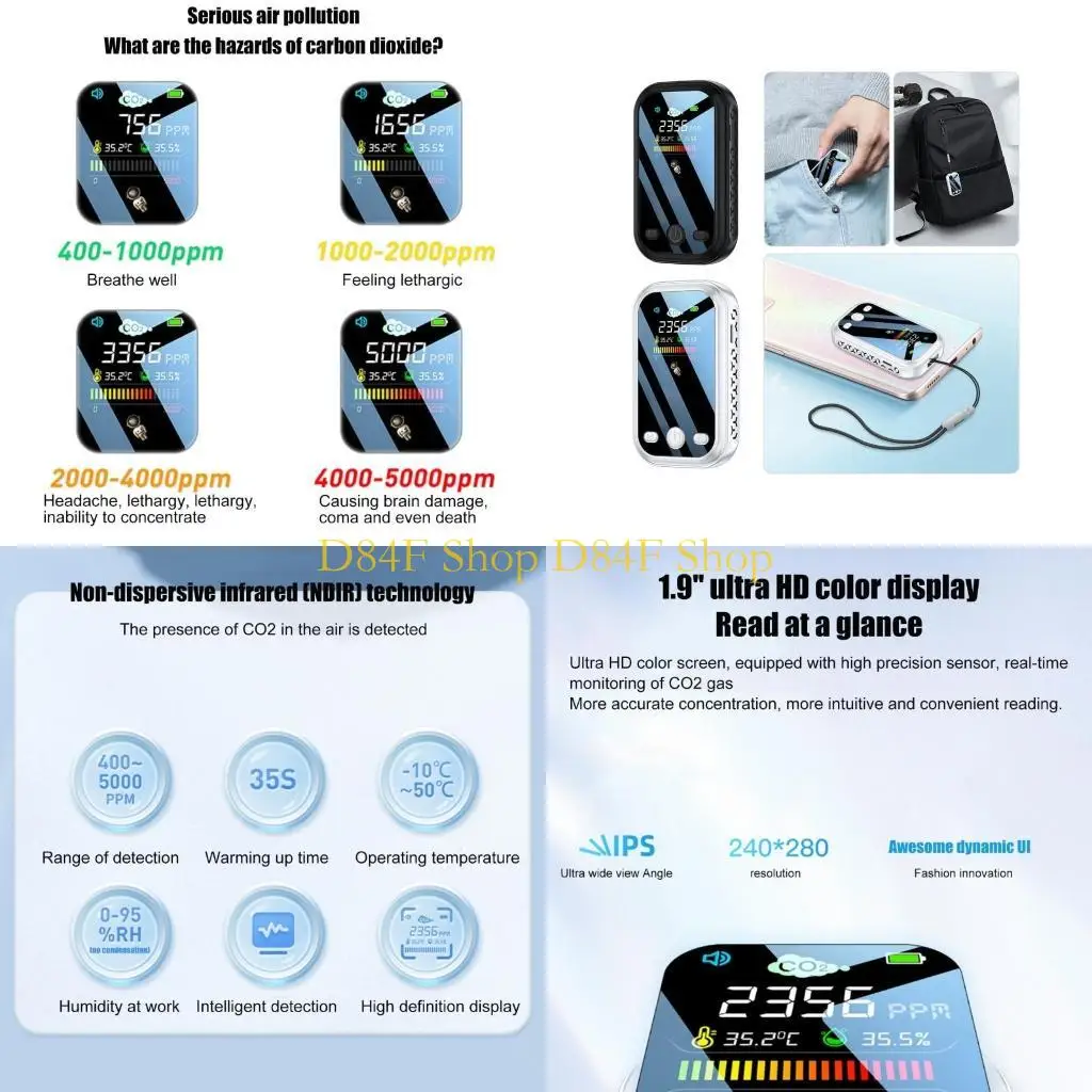 D84F Carbon Dioxide Detector CO2 PPM- Meter Gas-Analyzers Protable Air-Quality Tester