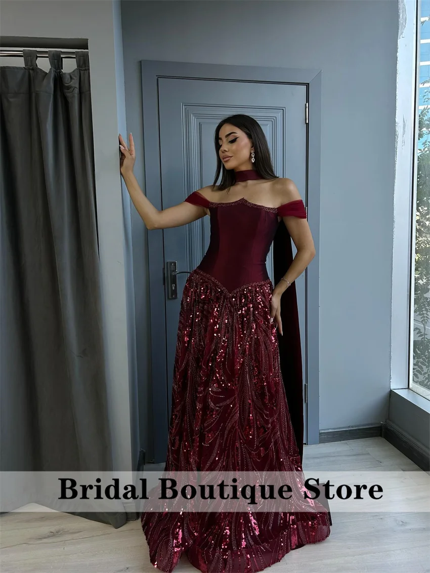 Robe de soirée bordeaux élégante avec perles, arabie saoudite, avec châle, robe de soirée de mariage, robe de bal personnalisée