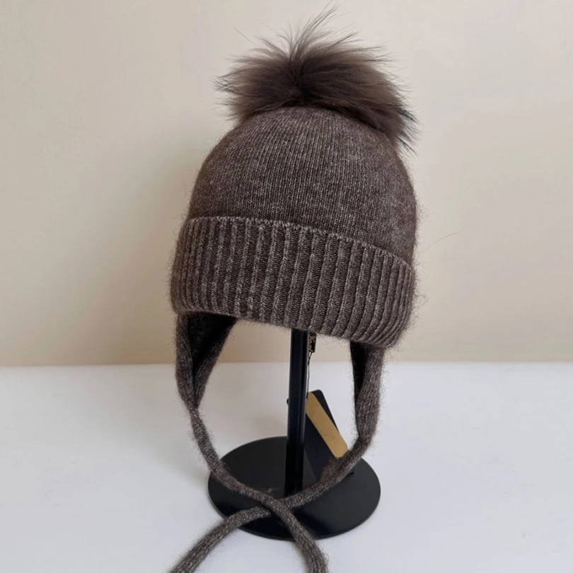 

Earflap Hat Pompom Women Winter Beanie Angora Knit Cap Warm Accessory For Autumn Cold Weather Sports Skiing Outdoor Holiday